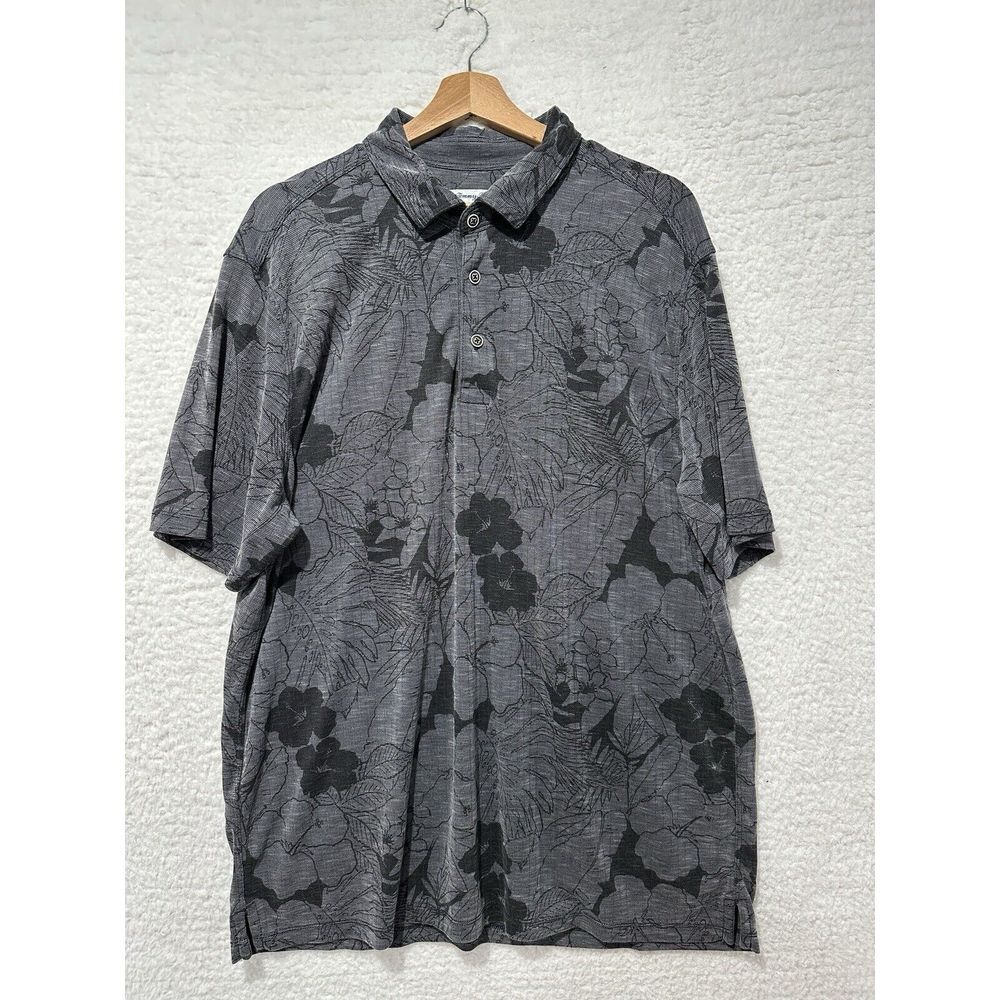 Tommy Bahama Men's Gray Black‎ Logo Hawaiian Polo Shirt Size XL/TG